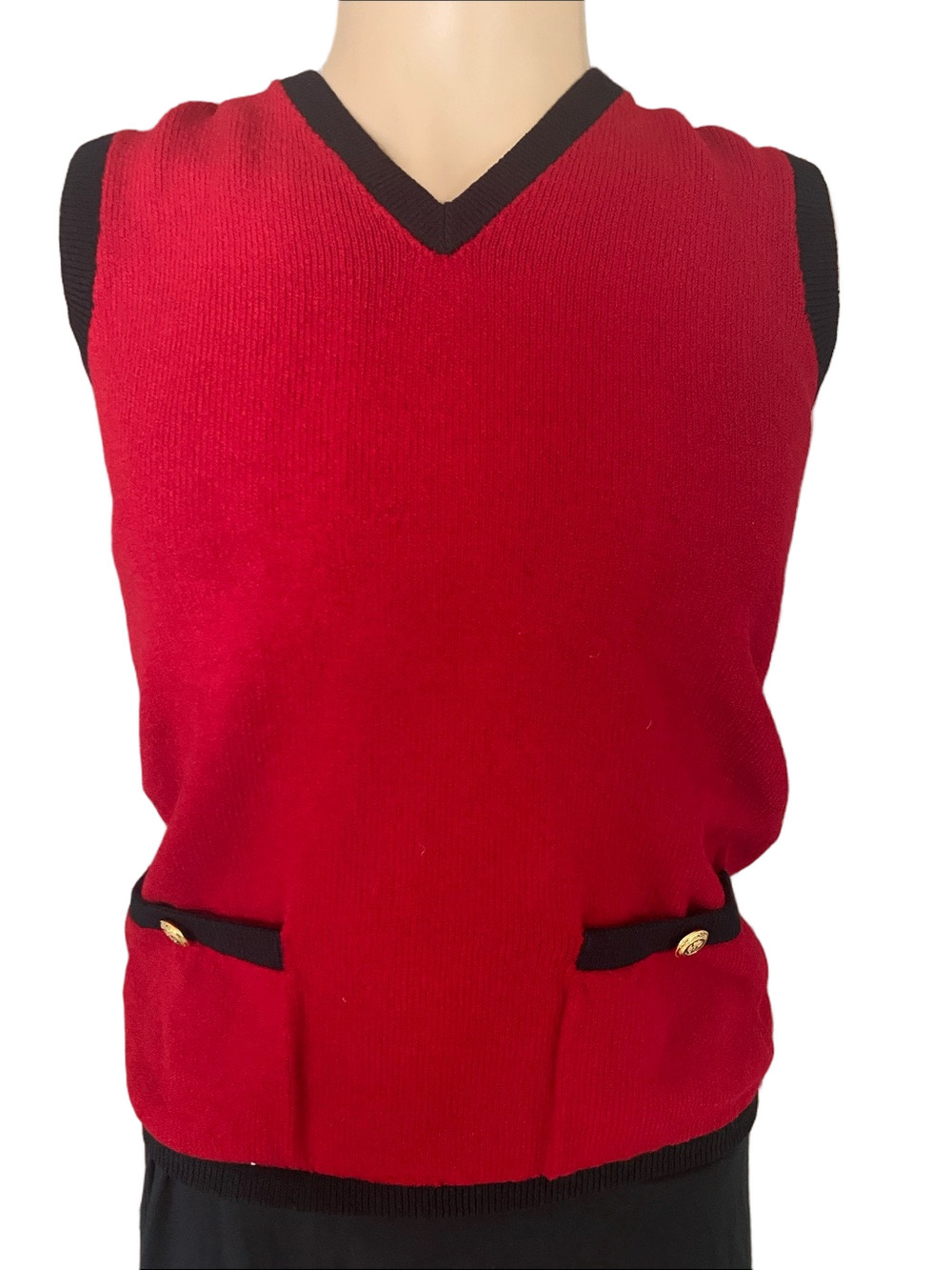 St. John Vintage Red Sleeveless V-Neck Knit Vest with Black Trim